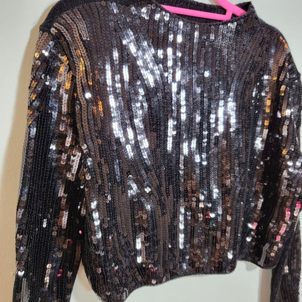 ZARA NWOT Sequins Black Top | Size M | Cropped | Plush Knit Back | Long Sleeve - Picture 3 of 11
